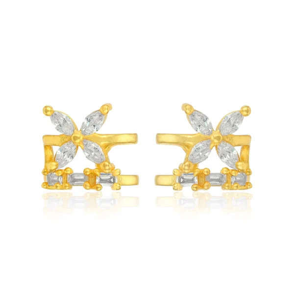 Golden Floral Crystal Bloom 925 Sterling Silver Cuff Earrings for Women