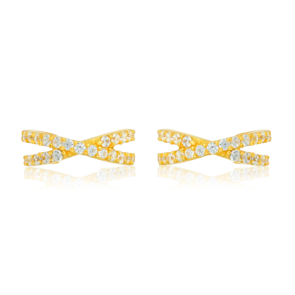 Golden Cross Over Crystal Shine 925 Sterling Silver Cuff Earrings for Women