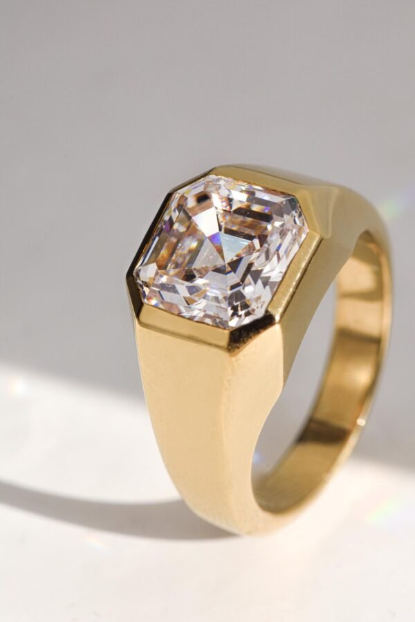 14K Gold Asscher Cut Simulated Diamond Signet Ring For Men